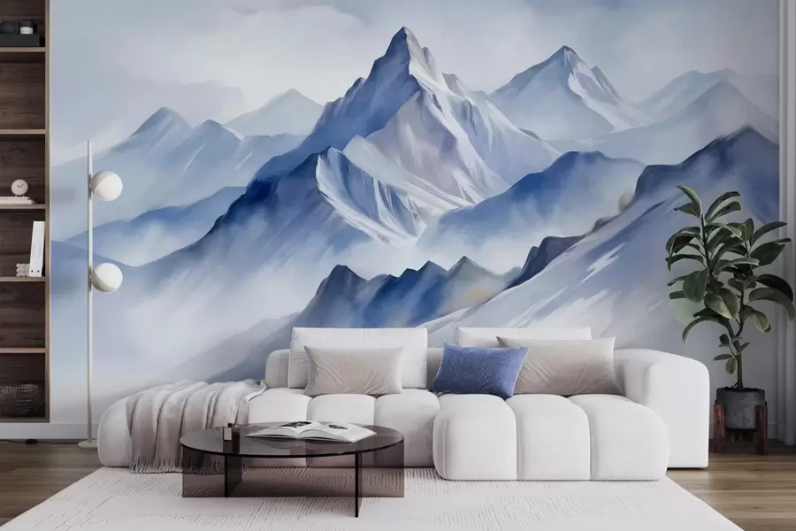 Fototapete Strukturierte schneebedeckte Berge mit einem sanften Aquarelleffekt und einer Farbpalette aus Blau- und Weißtönen w09630