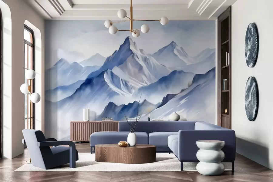 Fototapete Strukturierte schneebedeckte Berge mit einem sanften Aquarelleffekt und einer Farbpalette aus Blau- und Weißtönen w09630