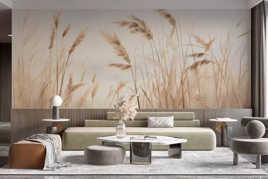 Fototapete Hohes, strukturiertes trockenes Gras mit Weizenähren auf einem Feld vor einem weichen, blassen Hintergrund w09648