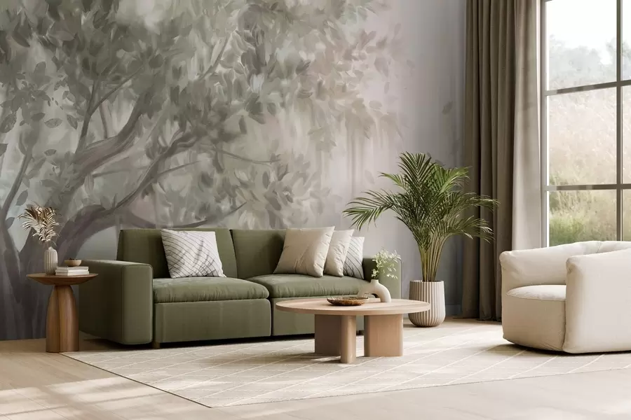 Fototapete Strukturierter Baum mit hellgrünen Blättern und Zweigen, mit einem weichen, verschwommenen Hintergrund w09650