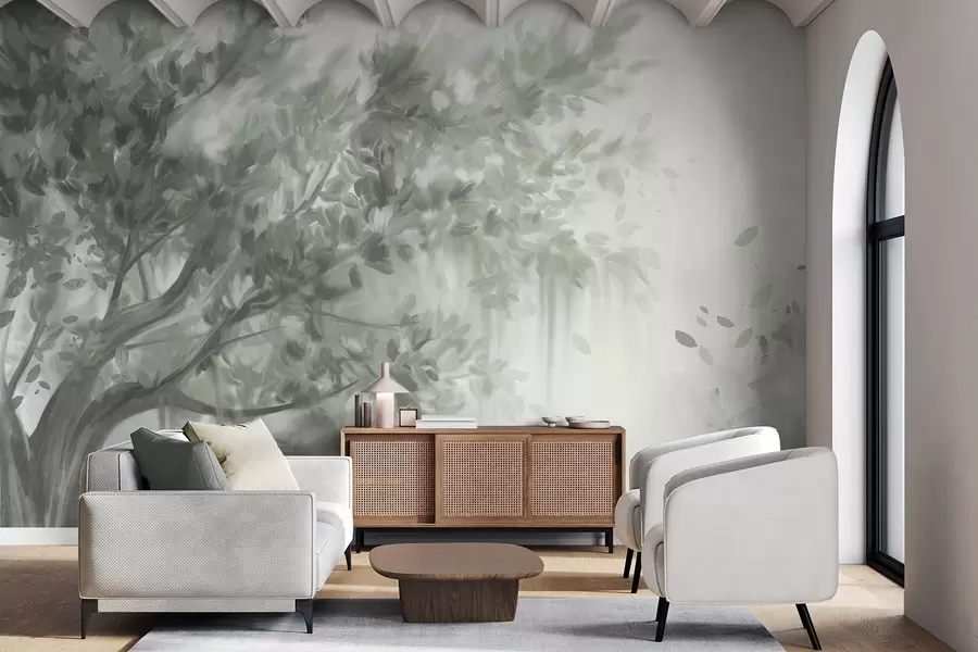 Fototapete Strukturierter Baum mit grünen Blättern und Zweigen, mit einem weichen, verschwommenen Hintergrund w09650v1