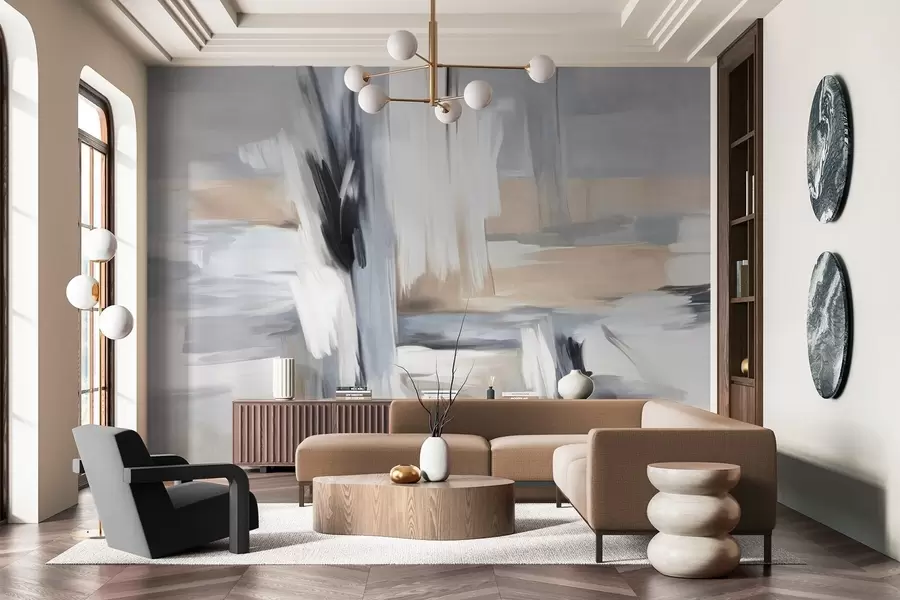 Fototapete Abstrakter, strukturierter Malstil mit Pinselstrichen in Weiß-, Grau- und Beigetönen w09651