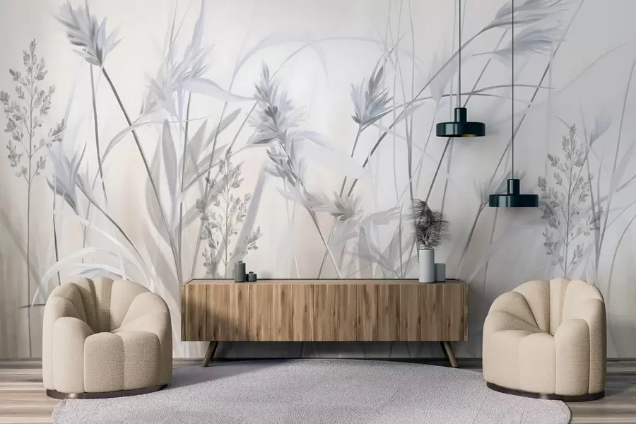 Fototapete Hohe, trockene Grashalme mit federartigen Spitzen in gedeckten Farbtönen, weicher, verschwommener weißer und beiger Hintergrund w09652v1