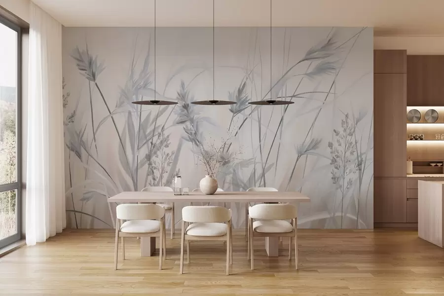 Fototapete Hohe, trockene Grashalme mit federartigen Spitzen in gedeckten Farbtönen, weicher, verschwommener weißer und beiger Hintergrund w09652v1