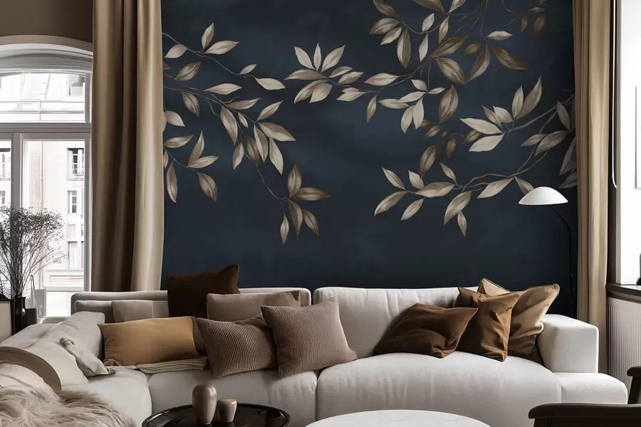 Fototapete Dekorative Blattzweige auf tiefblauem Hintergrund w05113v1