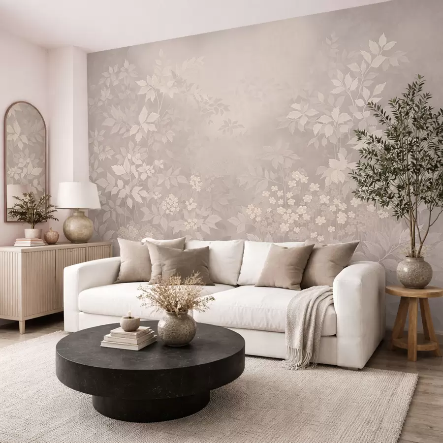 Fototapete Leichtes botanisches Ornament mit Blättern und kleinen Blüten w05115