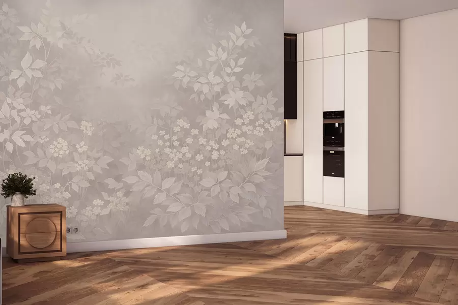 Fototapete Leichtes botanisches Ornament mit Blättern und kleinen Blüten w05115