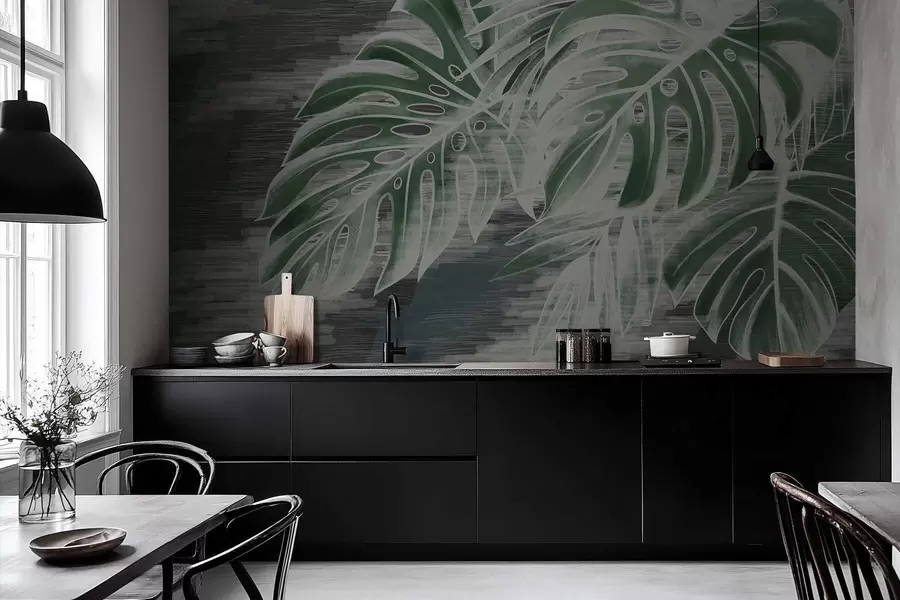 Fototapete Dunkelgrüne Blätter auf einem strukturierten dunklen Hintergrund w05130v4