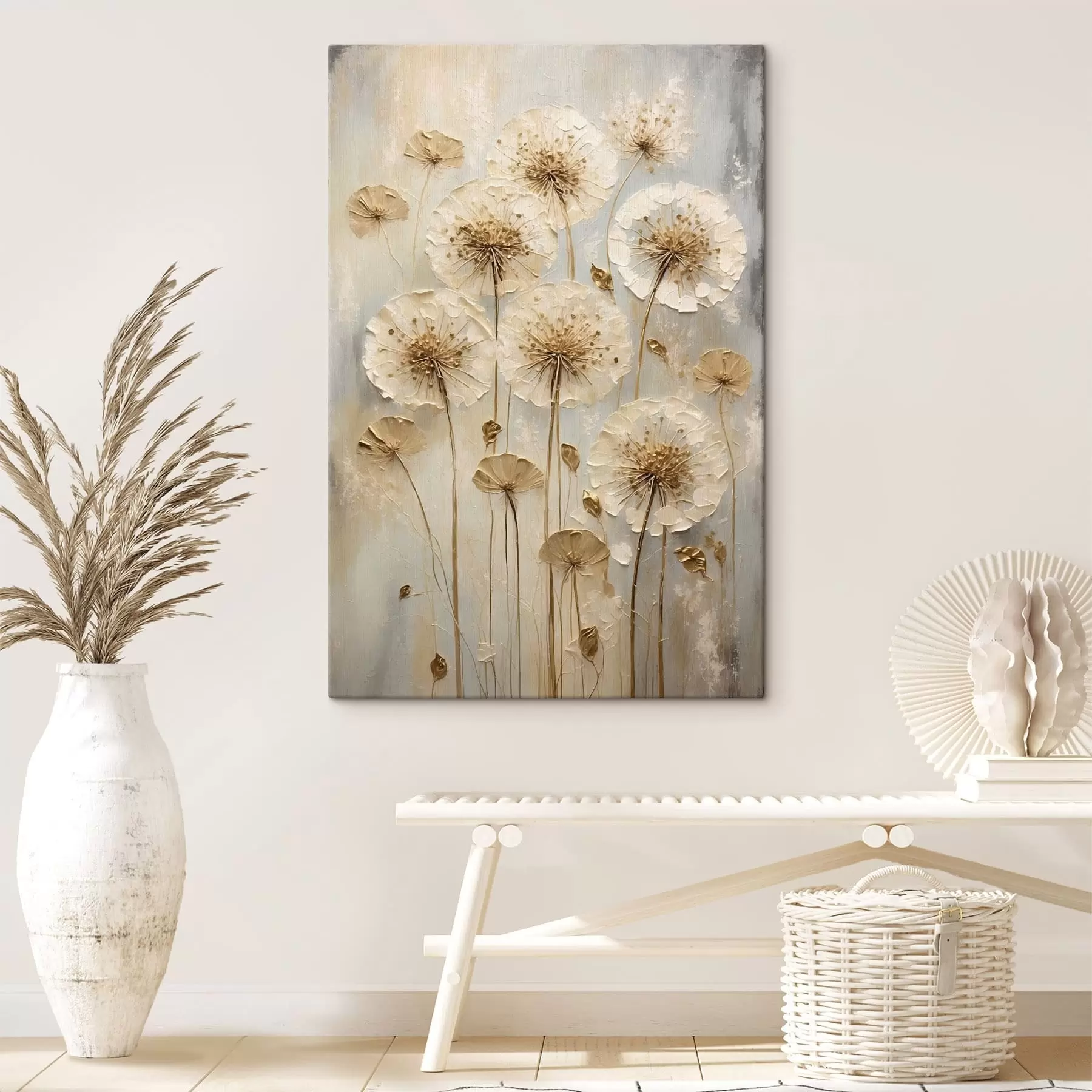 Wandbilder Hohe cremefarbene Blumen auf hellem Hintergrund s47282