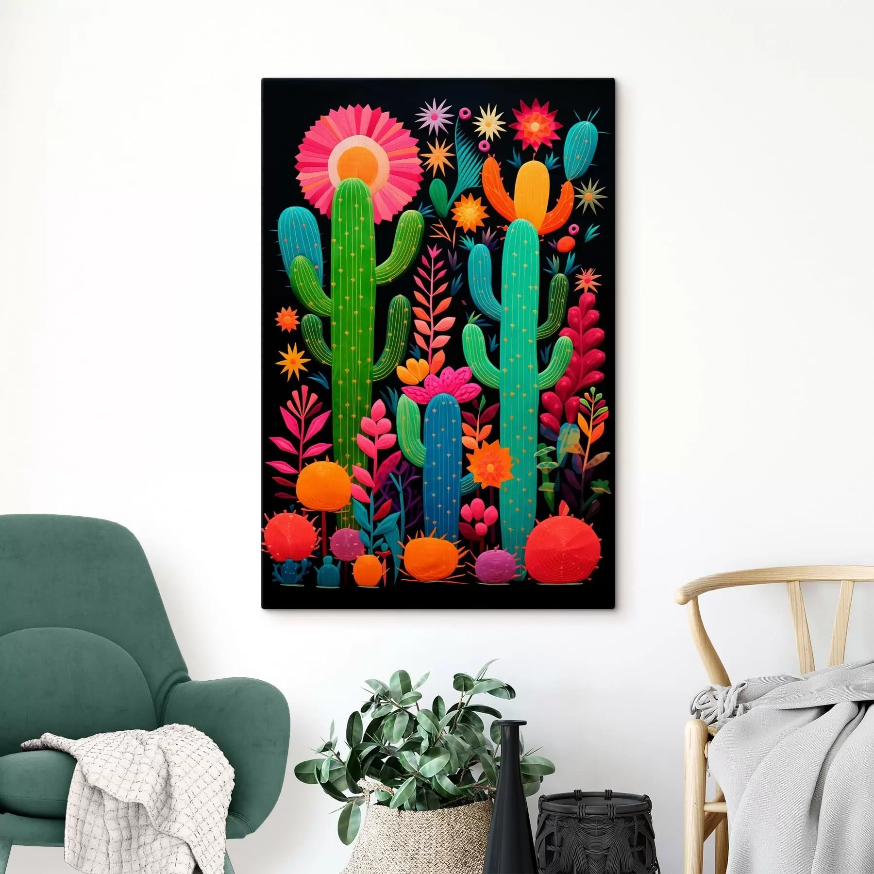 Wandbilder Lebendige Kakteen und Blumen auf dunklem Hintergrund s47297