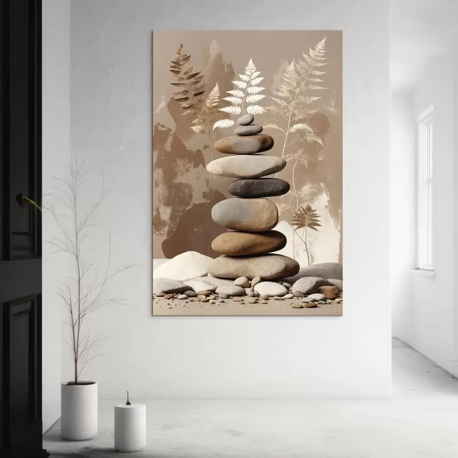 Wandbilder Stapel glatter Steine vor botanischem Hintergrund s47764