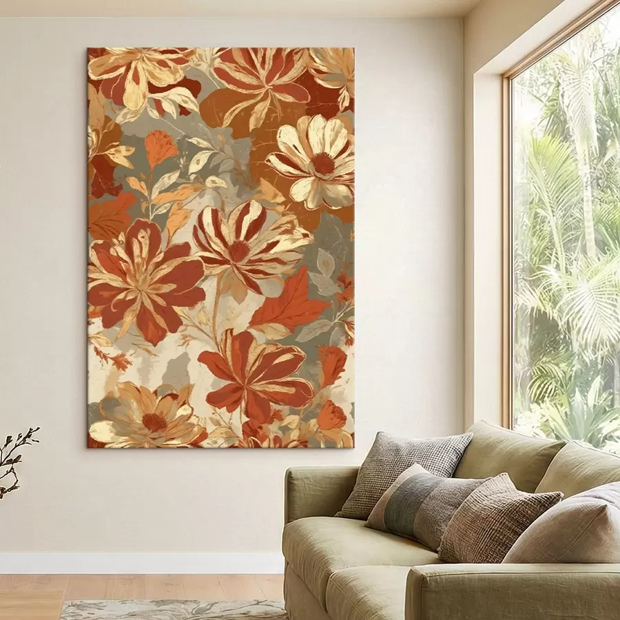 Wandbilder Blumenmuster in warmen Rost- und Cremetönen s47770