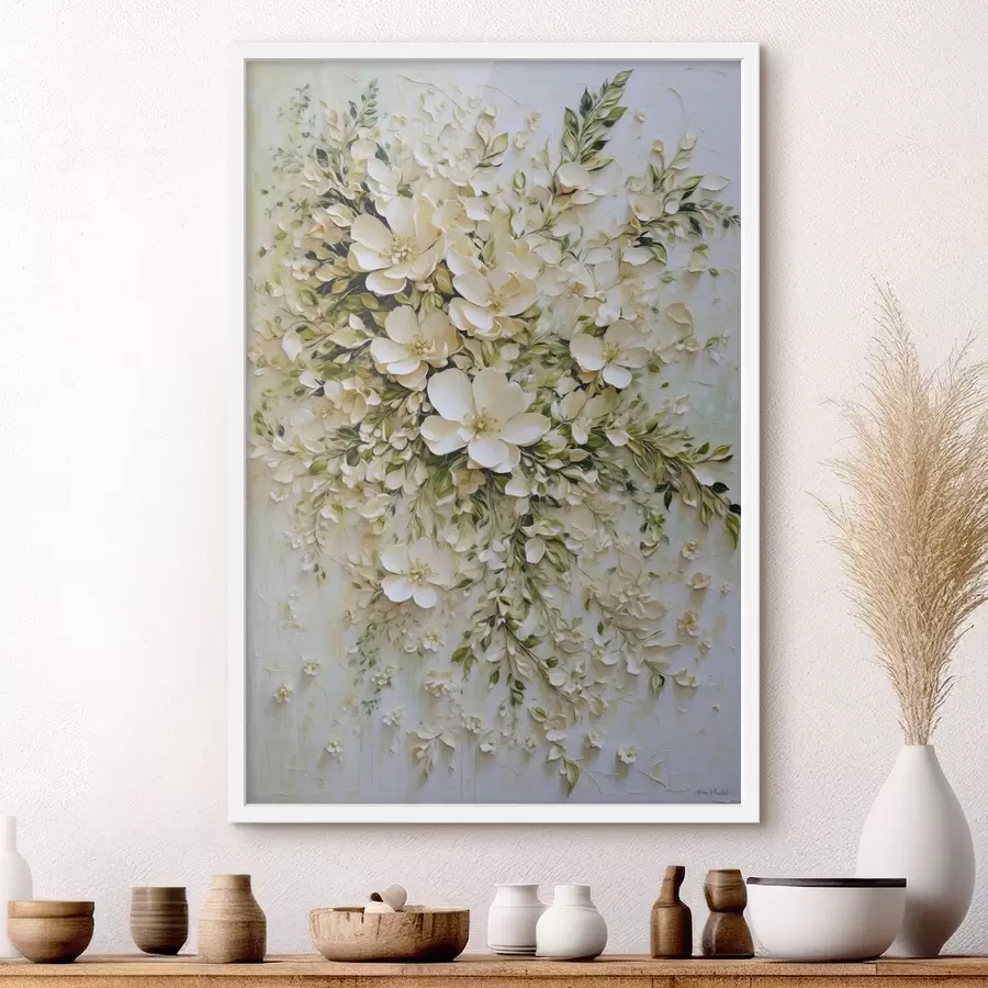 Fototapete Große Komposition aus cremefarbenen Blumen und Blättern f47267