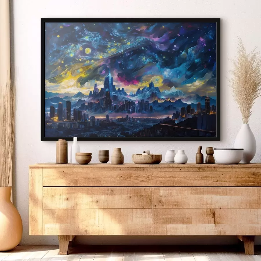 Fototapete Fantasie-Stadt unter einem leuchtenden Nachthimmel f47288