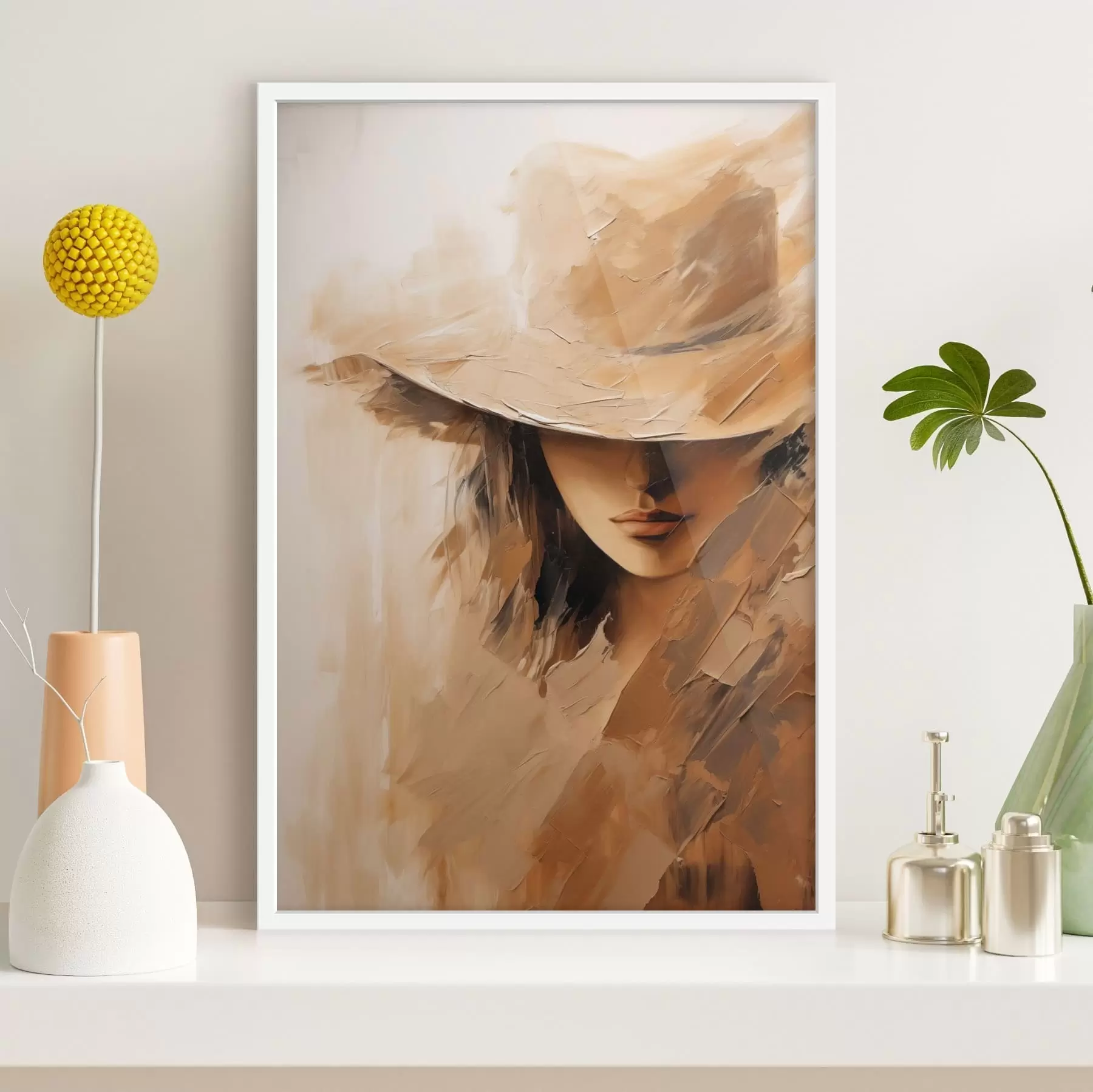 Fototapete Frau mit Hut in strukturierten, warmen Pinselstrichen f47315