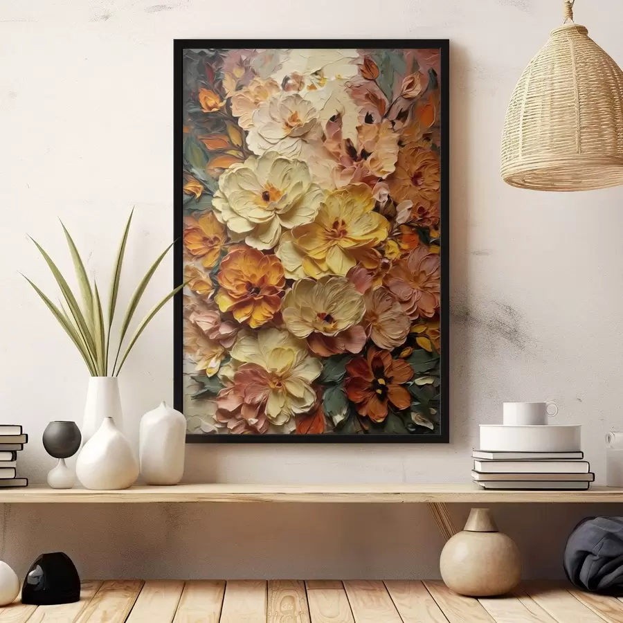 Fototapete Üppige Komposition aus leuchtenden Blumen in warmen Farbtönen f47760