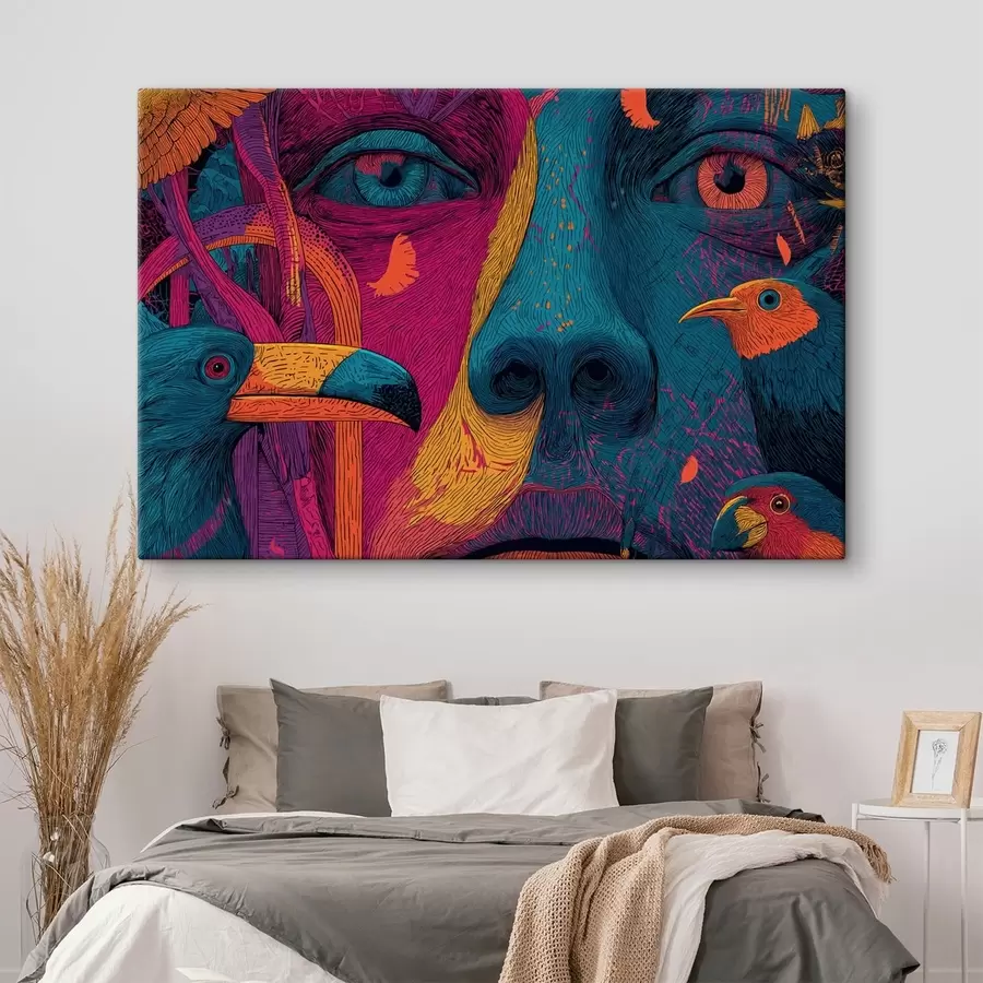 Wandbilder Psychedelisches Porträt mit Vögeln s47789