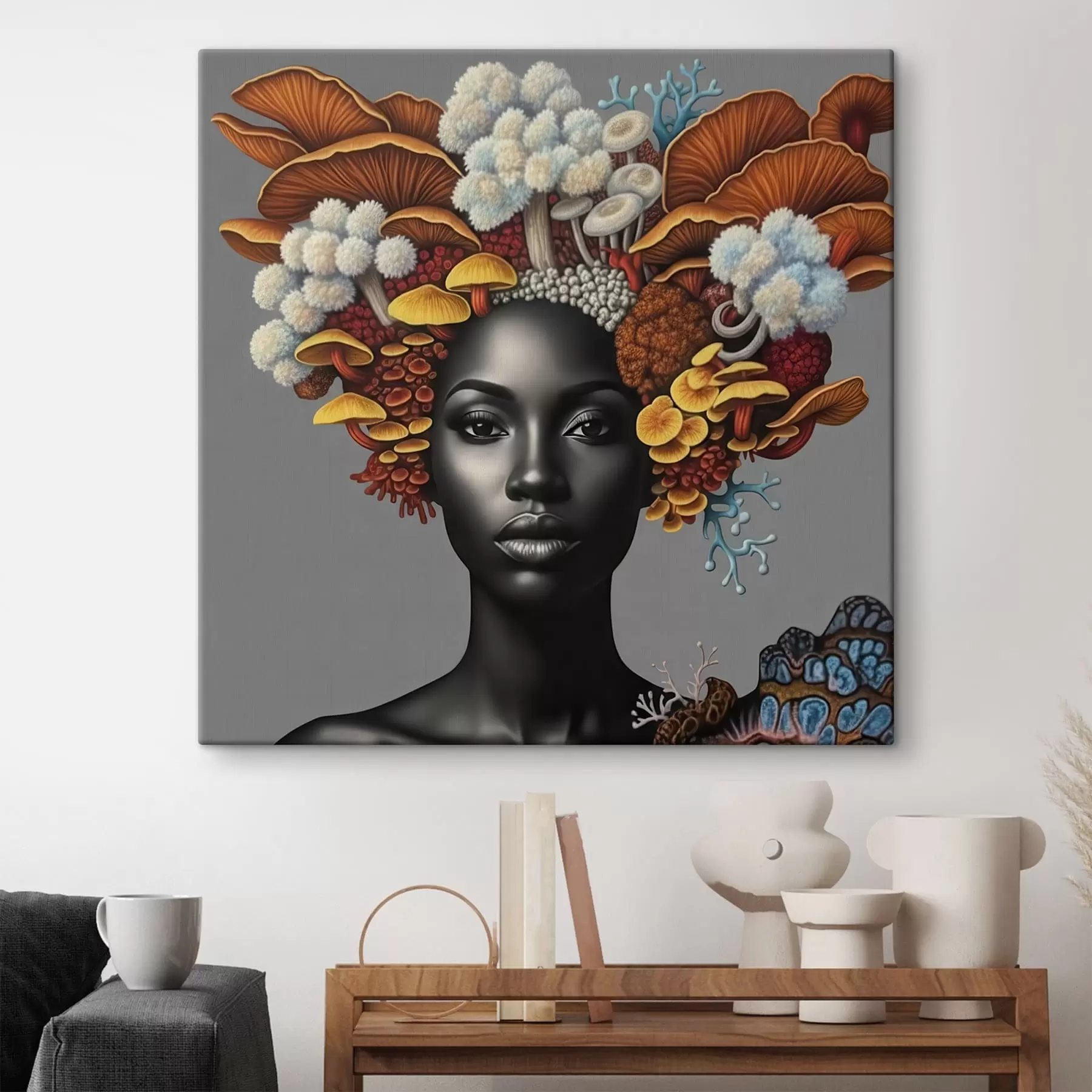 Wandbilder Porträt einer Frau mit Pilzen s47788