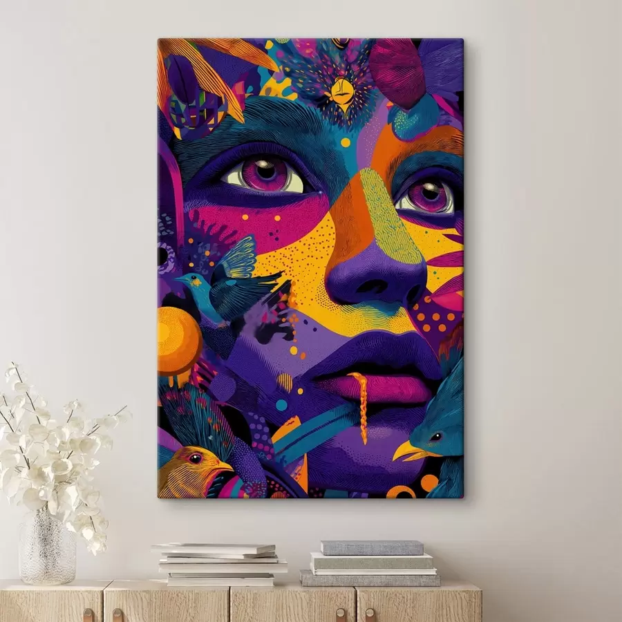 Wandbilder Psychedelisches Porträt mit Vögeln s47790