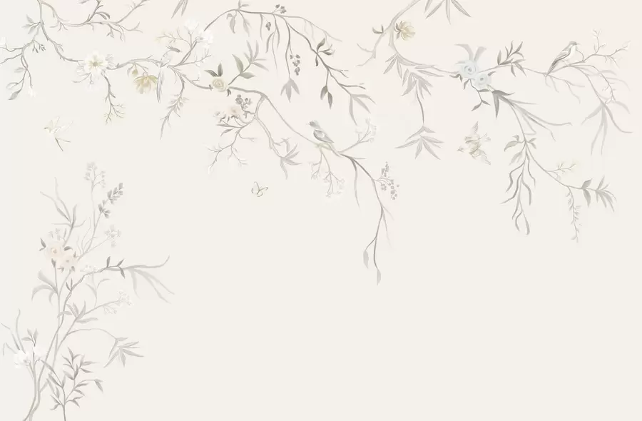 Fototapete Zarte Blumen und Vögel auf Kreidehintergrund w05127