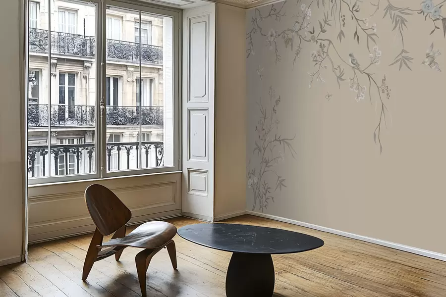 Fototapete Blumenzweige mit Vögeln auf warmem beigem Hintergrund w05127v1