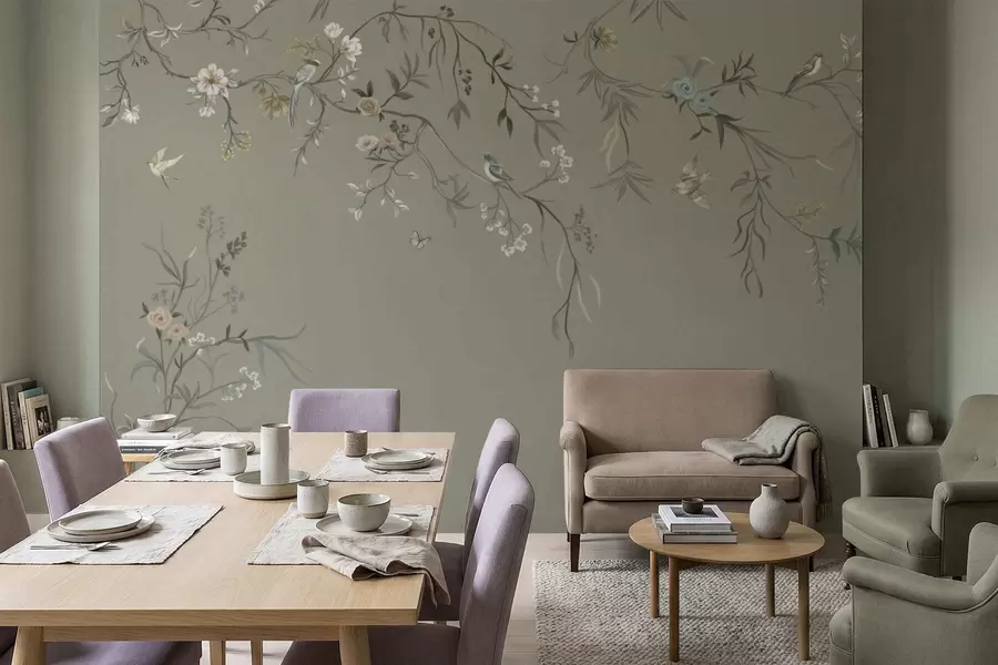 Fototapete Blumenmotiv mit Vögeln auf grauem Hintergrund w05127v4
