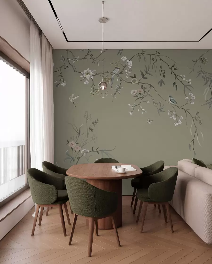 Fototapete Blumenmotiv mit Vögeln auf grauem Hintergrund w05127v4