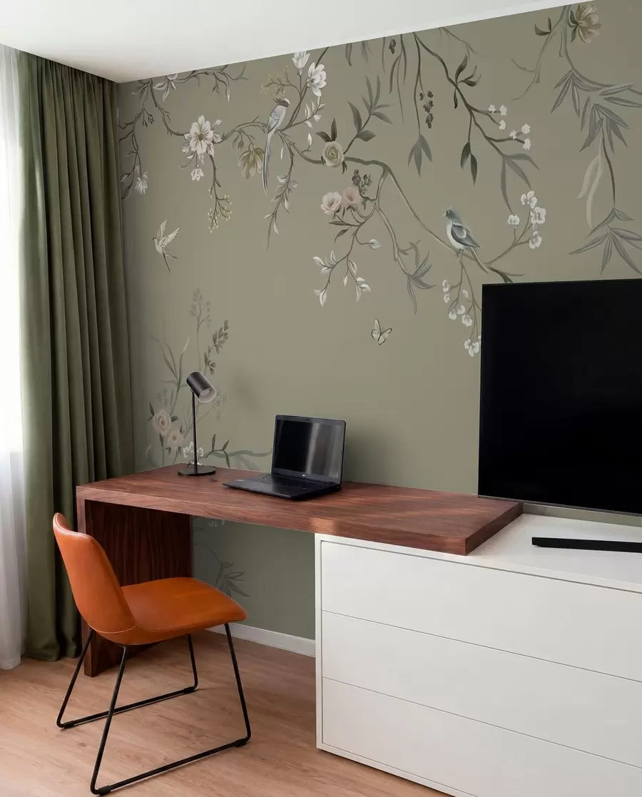Fototapete Blumenmotiv mit Vögeln auf grauem Hintergrund w05127v4