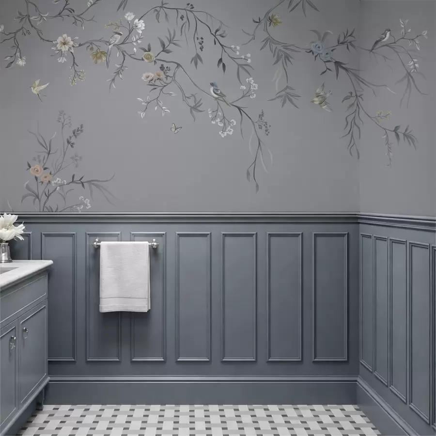 Fototapete Blumenzweige mit Vögeln auf grünlichem Hintergrund w05127v5