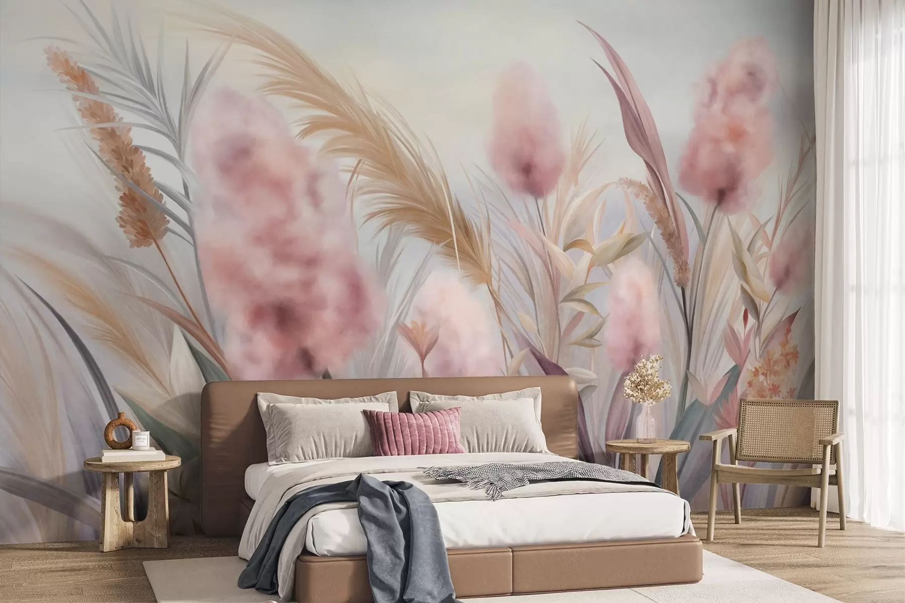 Fototapete Rosa und beige Pampasgras und andere Trockenblumen vor einem sanften, dunstigen Himmel w09635