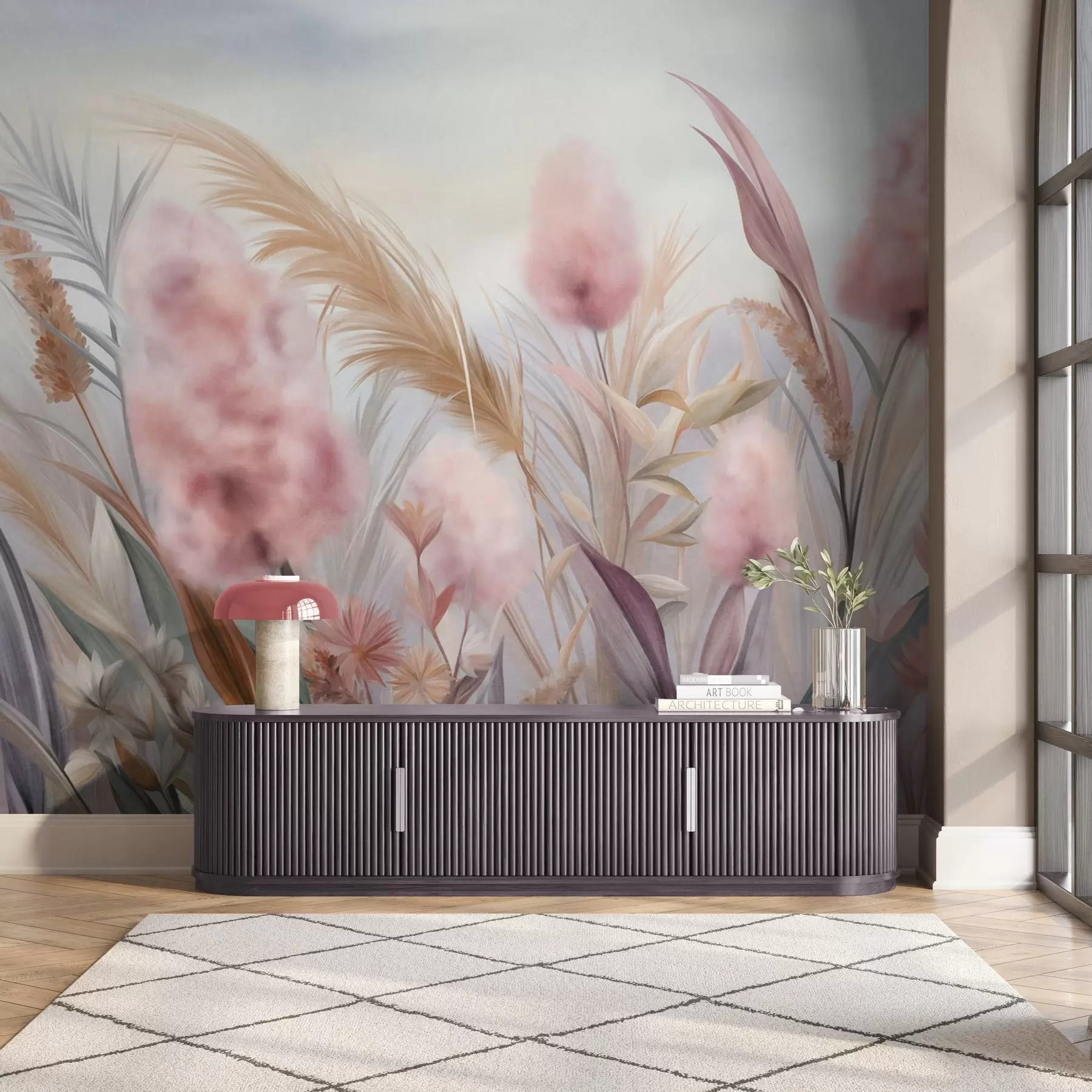 Fototapete Rosa und beige Pampasgras und andere Trockenblumen vor einem sanften, dunstigen Himmel w09635