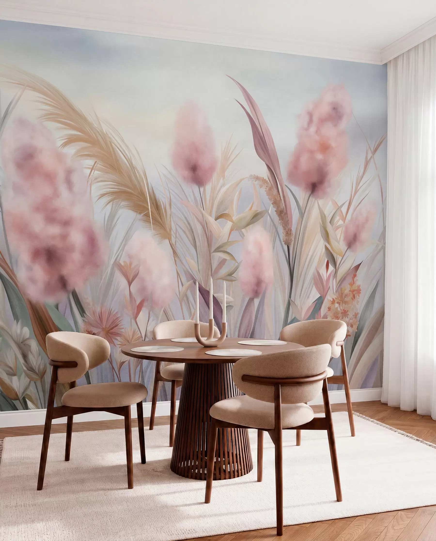 Fototapete Rosa und beige Pampasgras und andere Trockenblumen vor einem sanften, dunstigen Himmel w09635