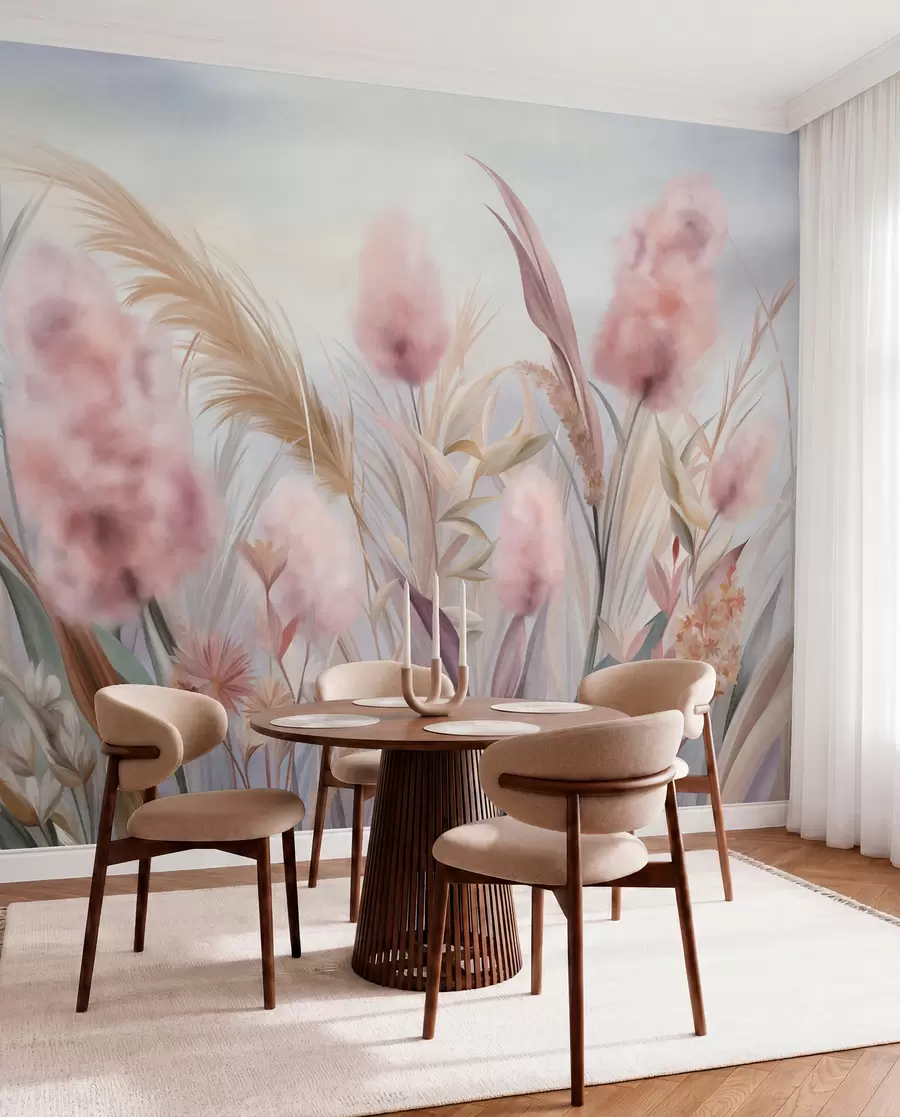 Fototapete Rosa und beige Pampasgras und andere Trockenblumen vor einem sanften, dunstigen Himmel w09635