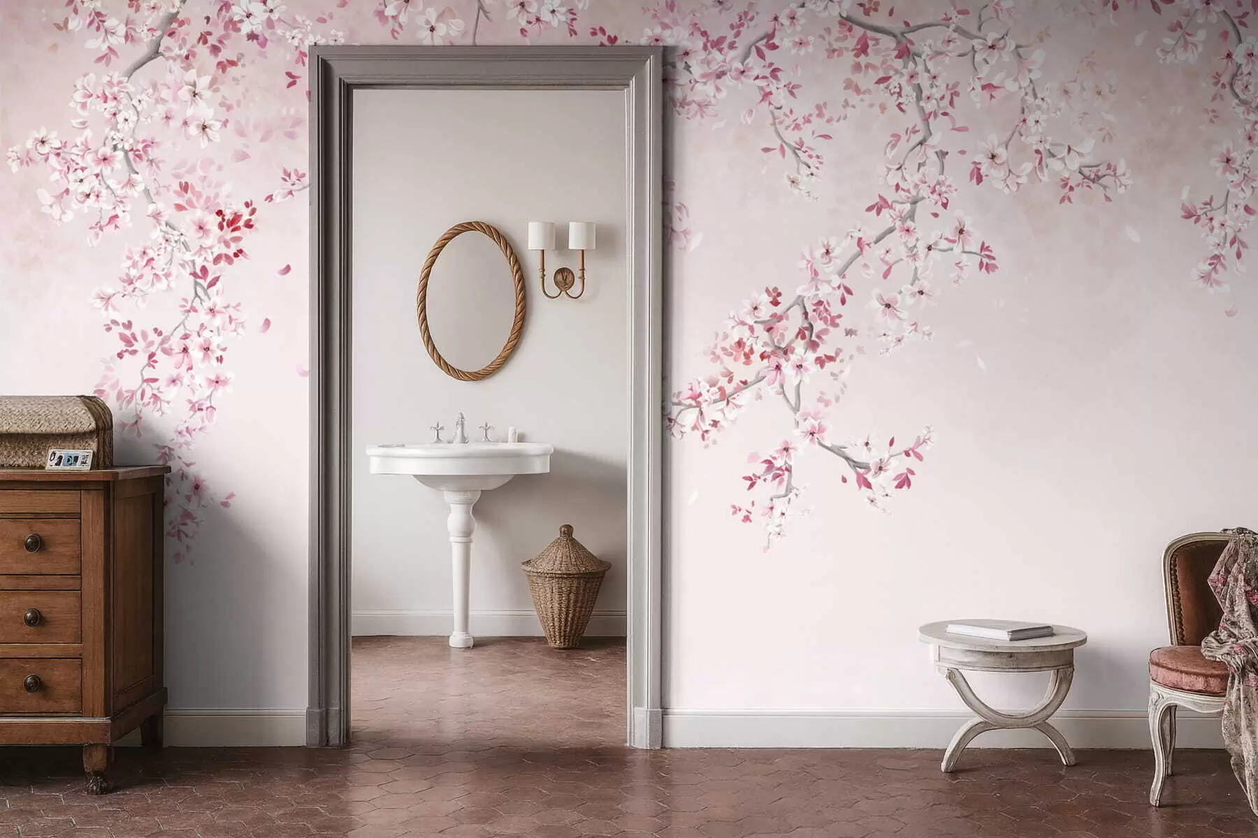 Fototapete Zweige mit rosa Blüten auf einem sanften Pastellhintergrund w05129v1