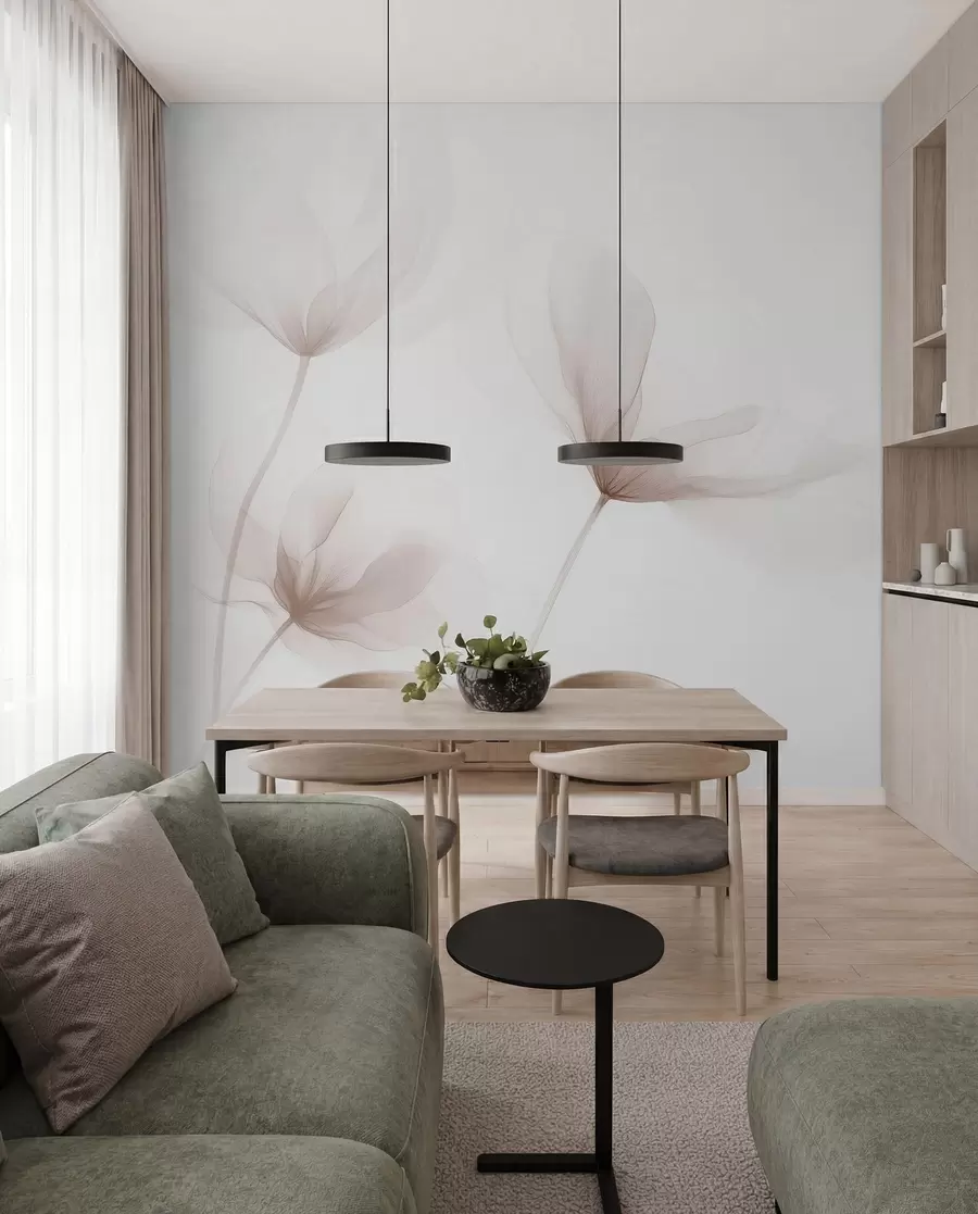 Fototapete Luftige beige Blumen in minimalistischem, hellem Stil w09734