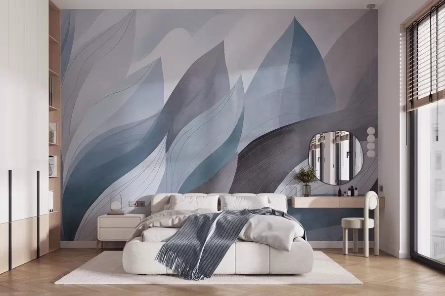 Fototapete Abstrakte Blätter, gedämpfte Erdtöne in Blau mit zarten Liniendetails, weiche Aquarelltextur w09736v1