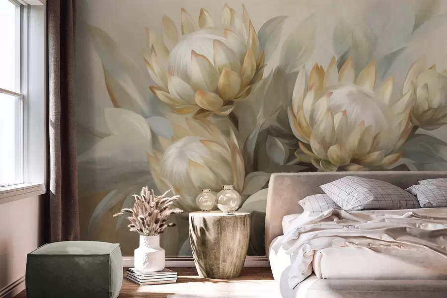 Fototapete Strukturierte Protea-Blüten mit grünen Blättern und einem weichen, unscharfen Hintergrund w09738