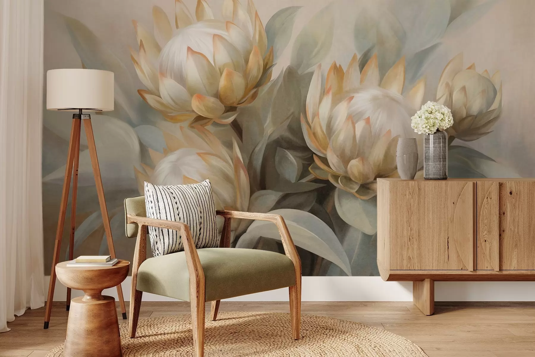 Fototapete Strukturierte Protea-Blüten mit grünen Blättern und einem weichen, unscharfen Hintergrund w09738