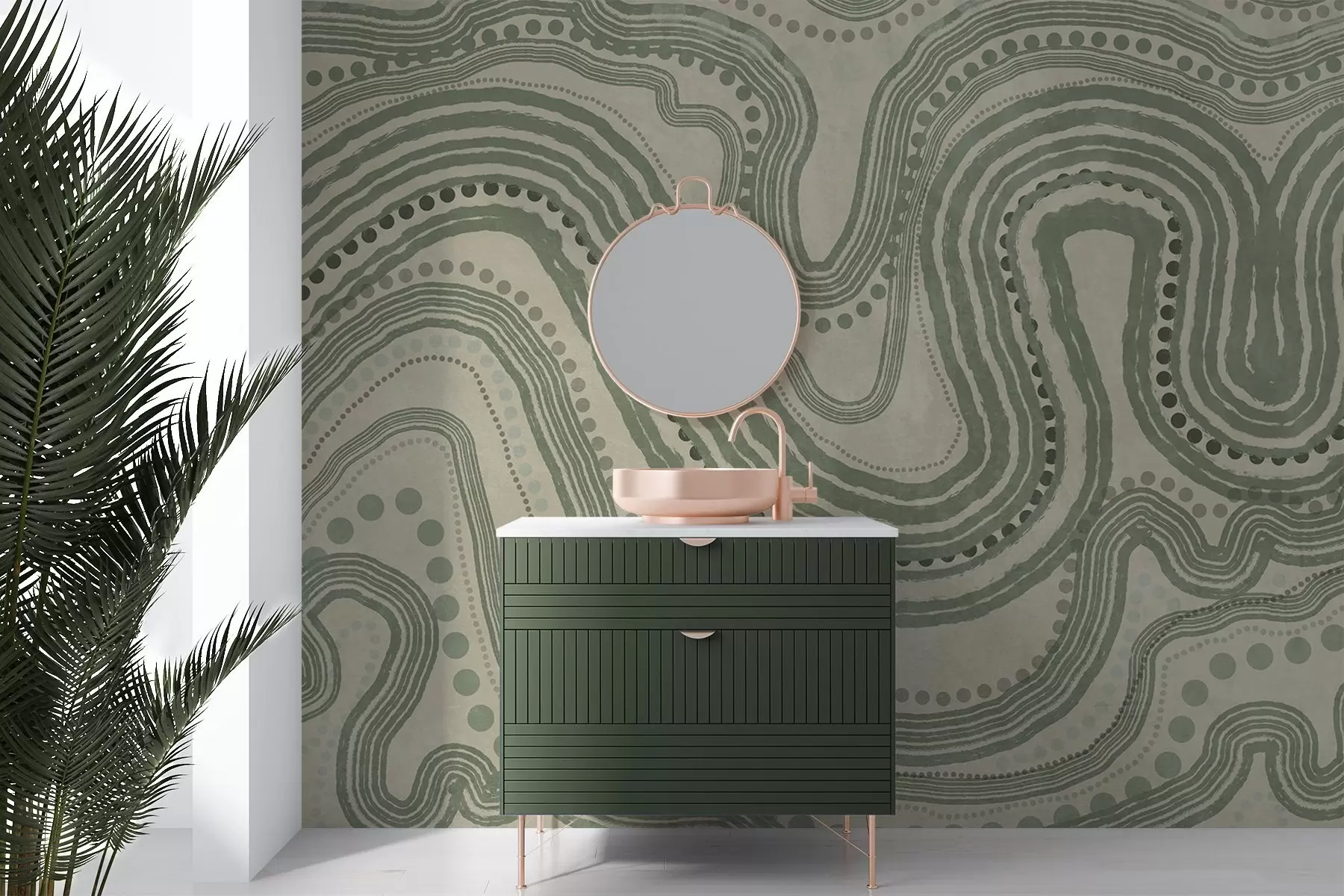 Fototapete Abstrakte grüne und beige Wellenlinien und Punkte, moderne strukturierte Kunst w09747