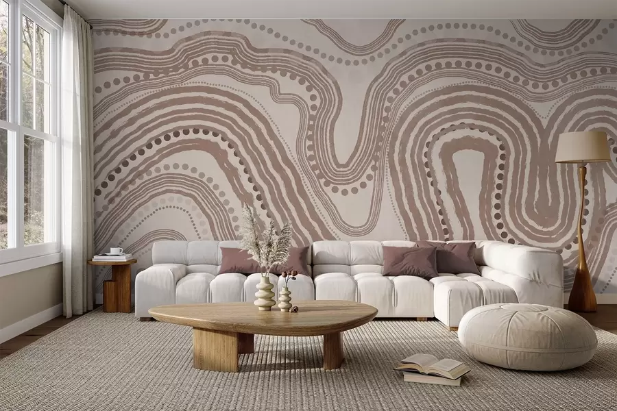 Fototapete Abstrakte braune und beige Wellenlinien und Punkte, moderne strukturierte Kunst w09747v1