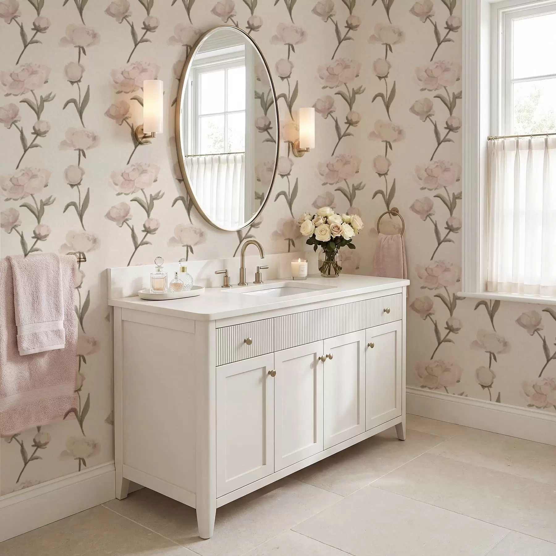 Fototapete Zartrosa Pfingstrosen auf hellem Hintergrund a01114