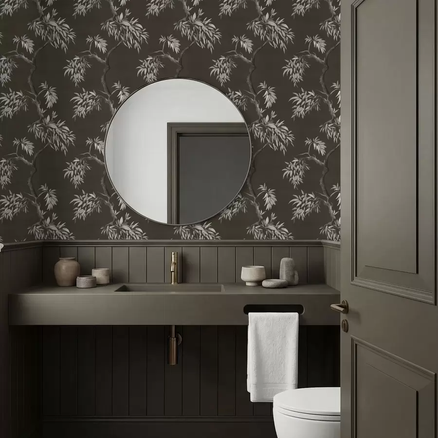 Fototapete Monochromer Ast mit Blättern auf dunklem Hintergrund a01117v2