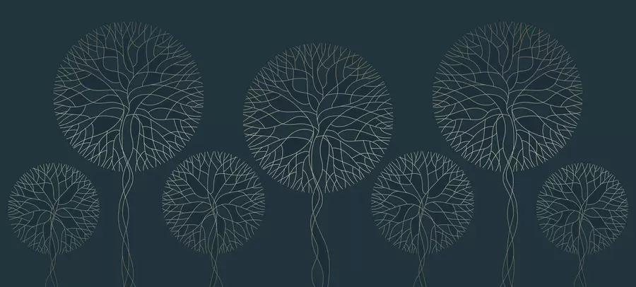 Fototapete Fantasievolle lineare Bäume mit üppigen Kronen in eleganten dunklen Smaragdtönen w05213