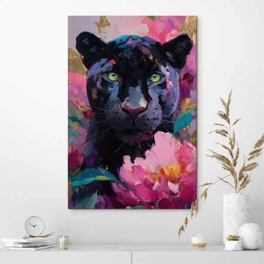 Wandbilder Schwarzer Panther zwischen Pfingstrosen s47935