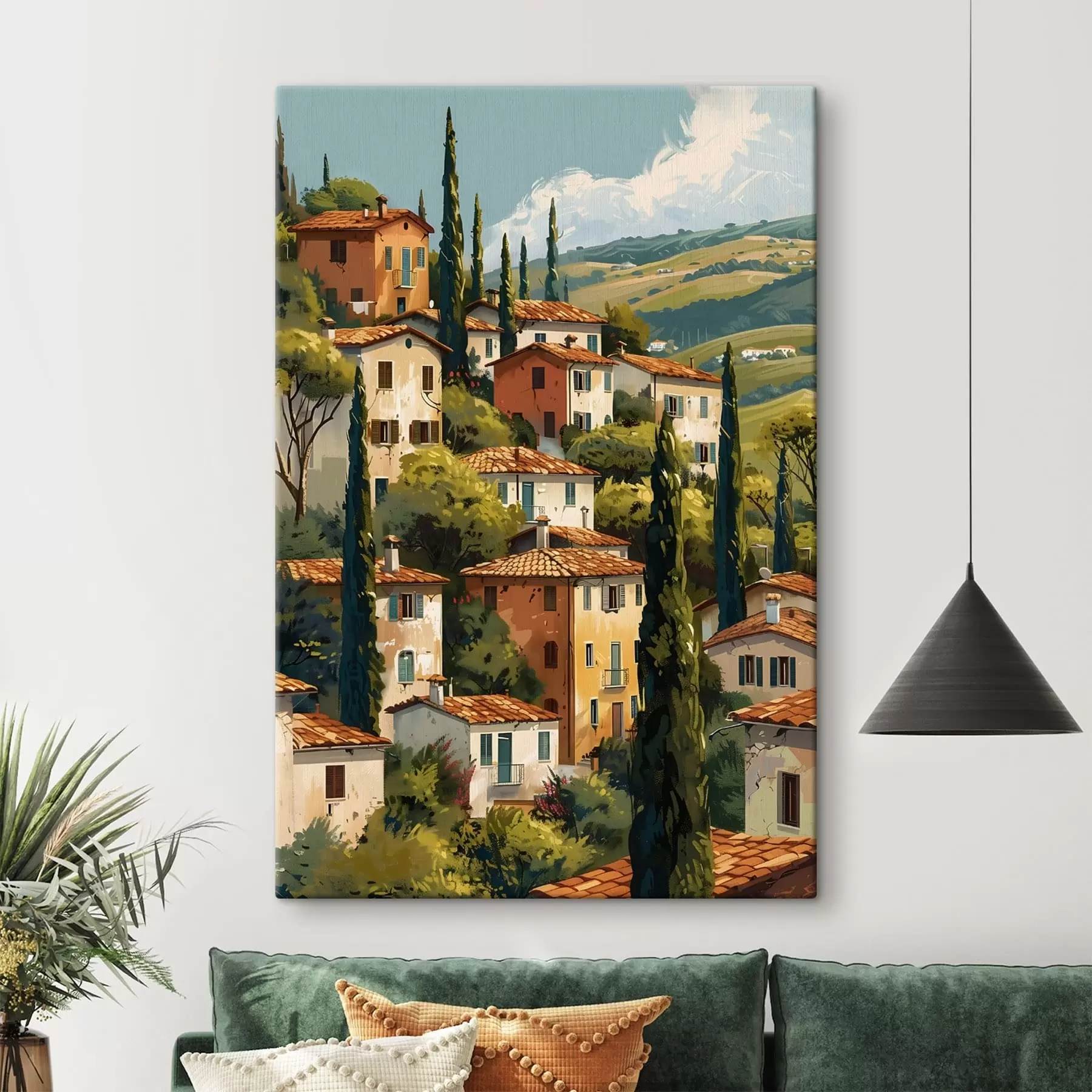 Wandbilder Mediterranes Bergdorf, übereinanderliegende Häuser in warmen Farbtönen mit Terrakottadächern s47950