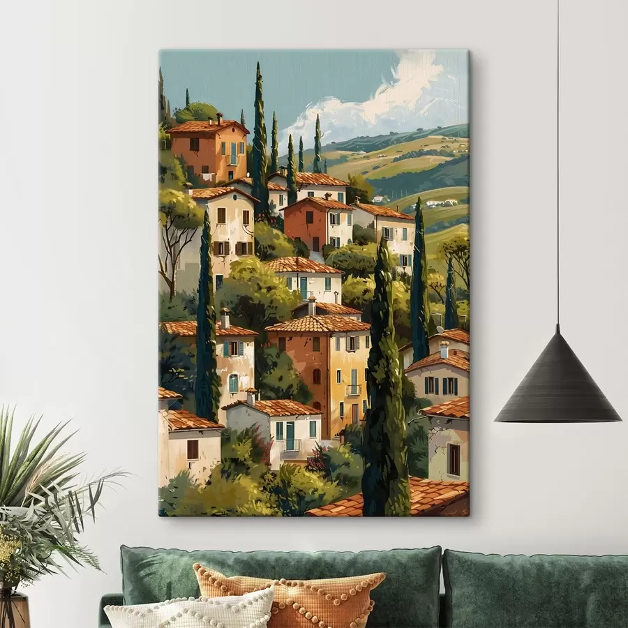 Wandbilder Mediterranes Bergdorf, übereinanderliegende Häuser in warmen Farbtönen mit Terrakottadächern s47950