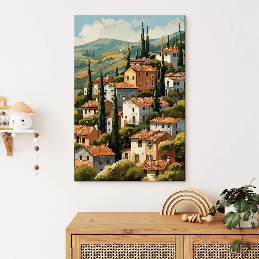 Wandbilder Mediterranes Bergdorf, übereinanderliegende Häuser in warmen Farbtönen mit Terrakottadächern s47951