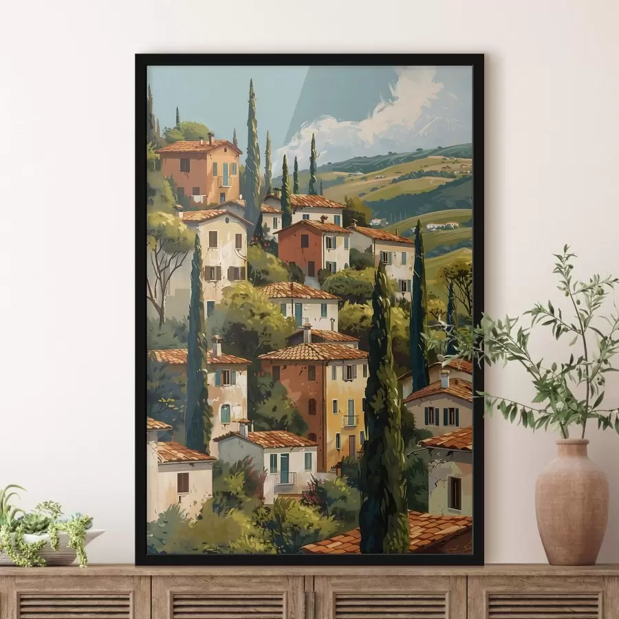 Fototapete Mediterranes Bergdorf, übereinanderliegende Häuser in warmen Farbtönen mit Terrakottadächern f47950