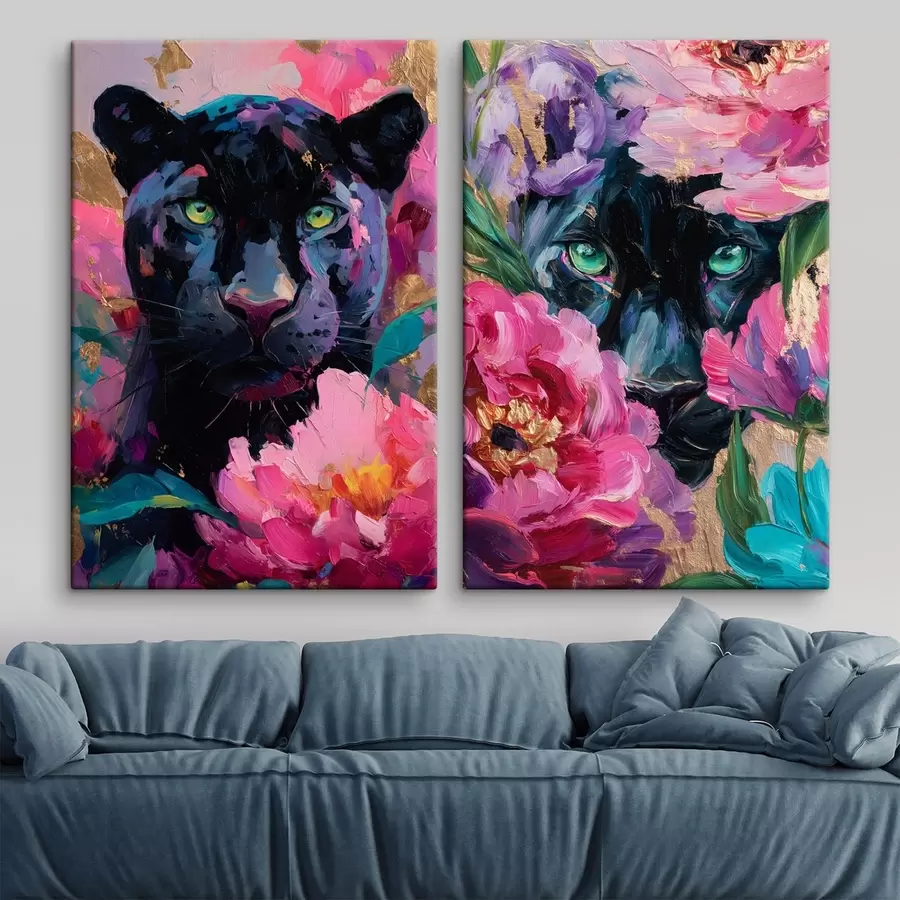 Wandbilder Schwarzer Panther zwischen Pfingstrosen m30090