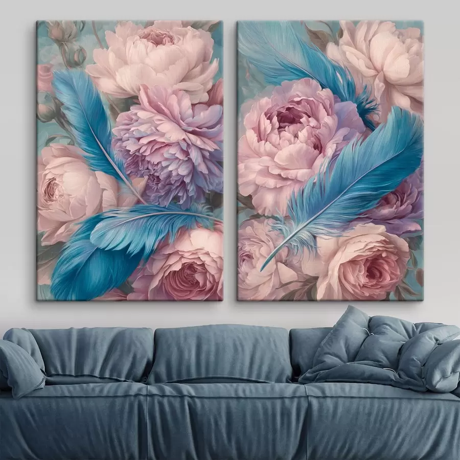 Wandbilder Federn zwischen Pfingstrosen m30092